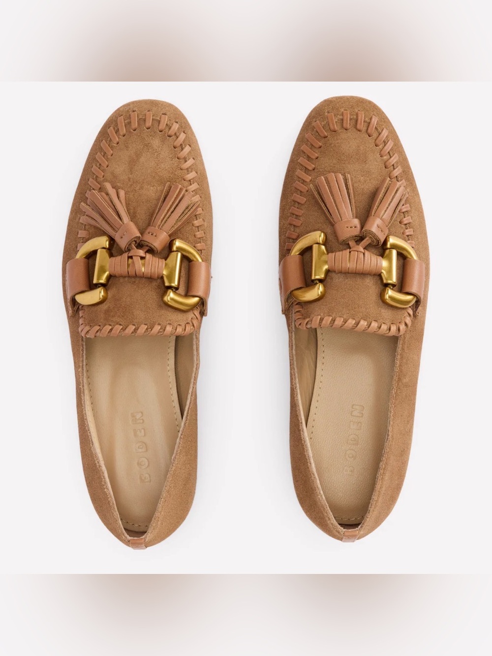 Boden Tan Suede Tassel Loafers with Gold Hardware Woman’s Sz 41 (US 9 1/2)